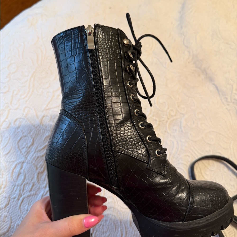 Billini Black Crocodile Print Faux Leather Lace-Up Boots